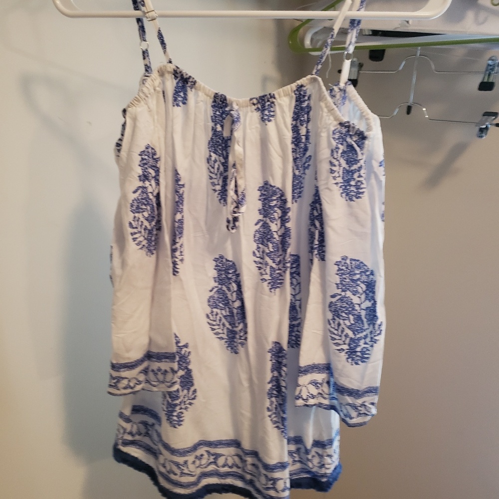Off the shoulder white and blue top